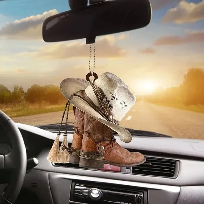 Acrylic Cowboy Boots Hat 2D Flat Hanging Car