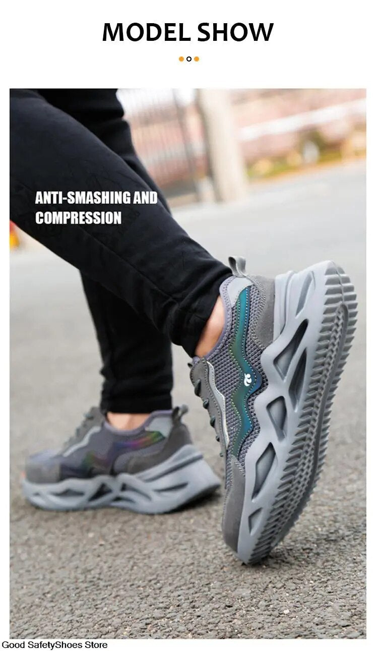 2023 New Reflective Design Steel Toe Safety Shoes, Breathable Puncture-Proof Protective Work Sneakers