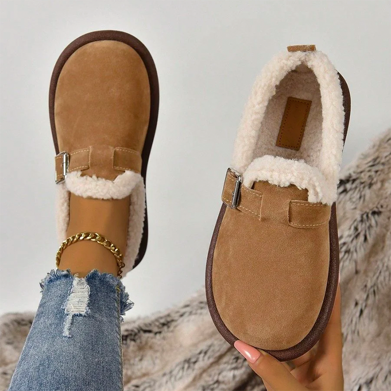 Women's Plush Lined Orthopedic Slip-On Shoes, Retro Buckle Strap Round Toe Flat Loafers