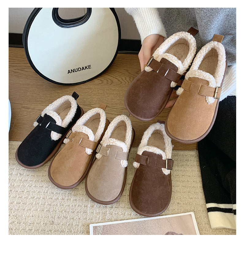 Women's Plush Lined Orthopedic Slip-On Shoes, Retro Buckle Strap Round Toe Flat Loafers
