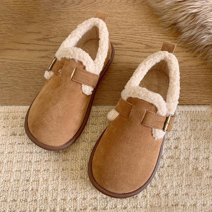Women's Plush Lined Orthopedic Slip-On Shoes, Retro Buckle Strap Round Toe Flat Loafers