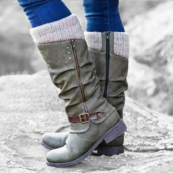 Women’s Leather Flat Heel Mid-Calf Zipper Boots