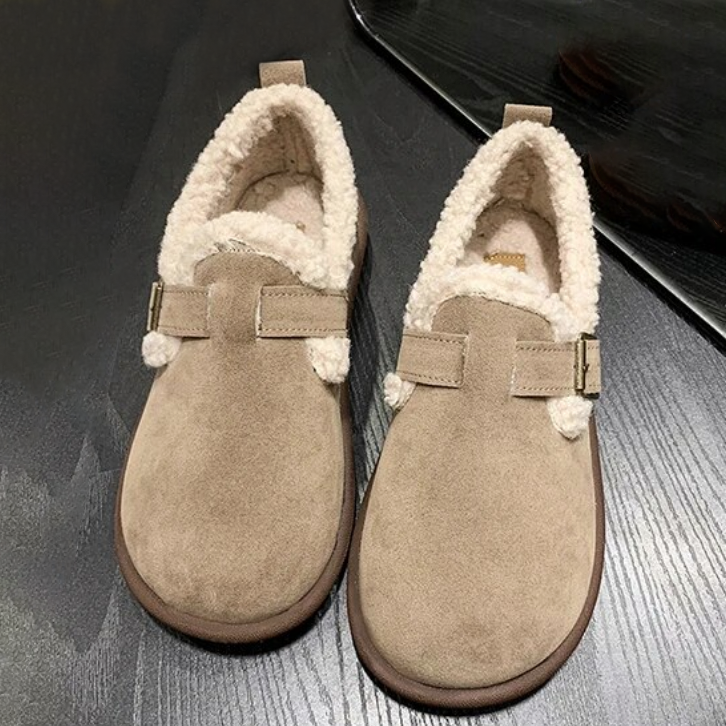 Women's Plush Lined Orthopedic Slip-On Shoes, Retro Buckle Strap Round Toe Flat Loafers