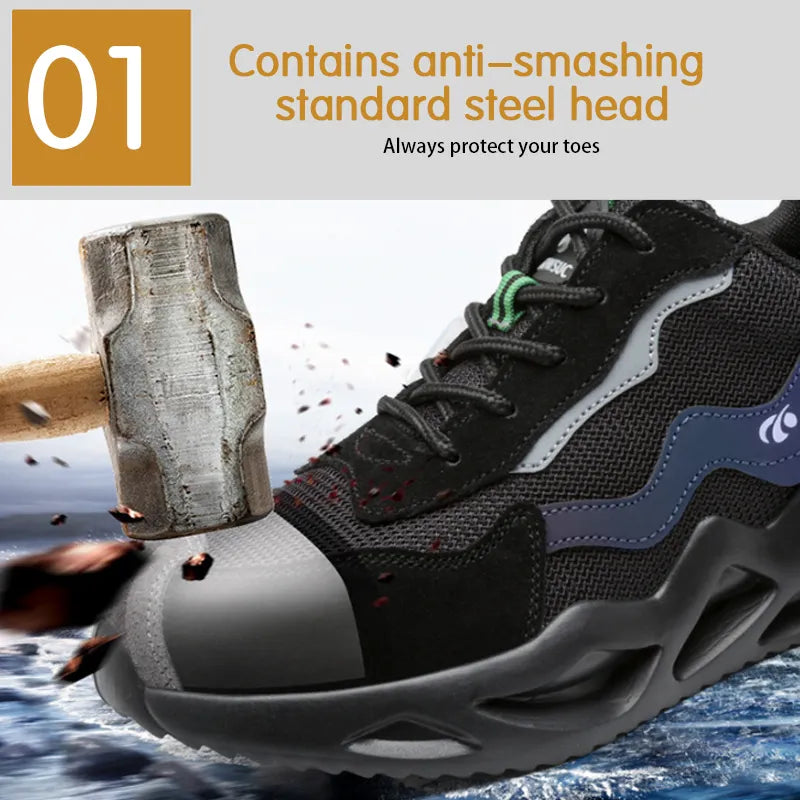 2023 New Reflective Design Steel Toe Safety Shoes, Breathable Puncture-Proof Protective Work Sneakers