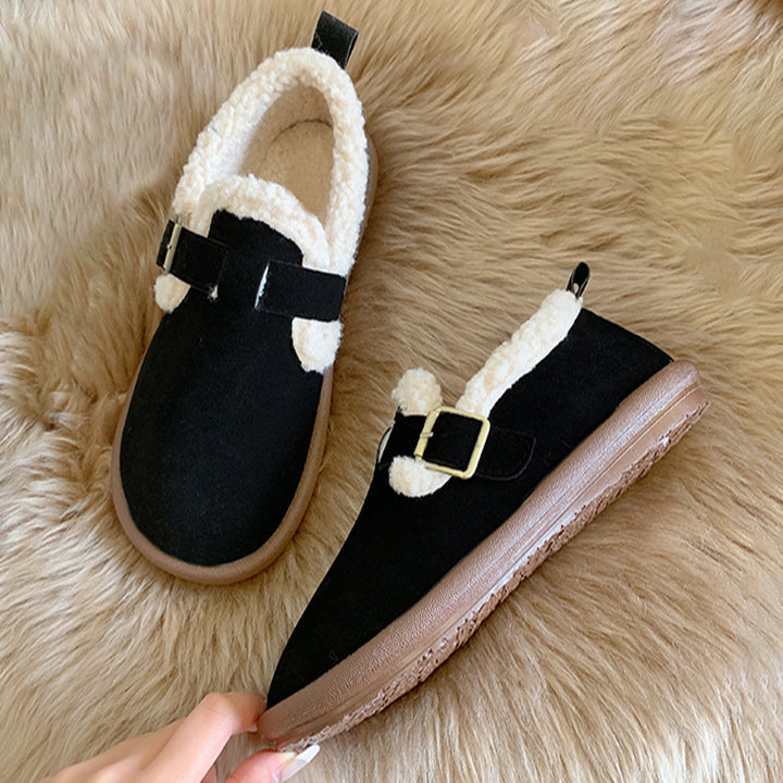 Women's Plush Lined Orthopedic Slip-On Shoes, Retro Buckle Strap Round Toe Flat Loafers