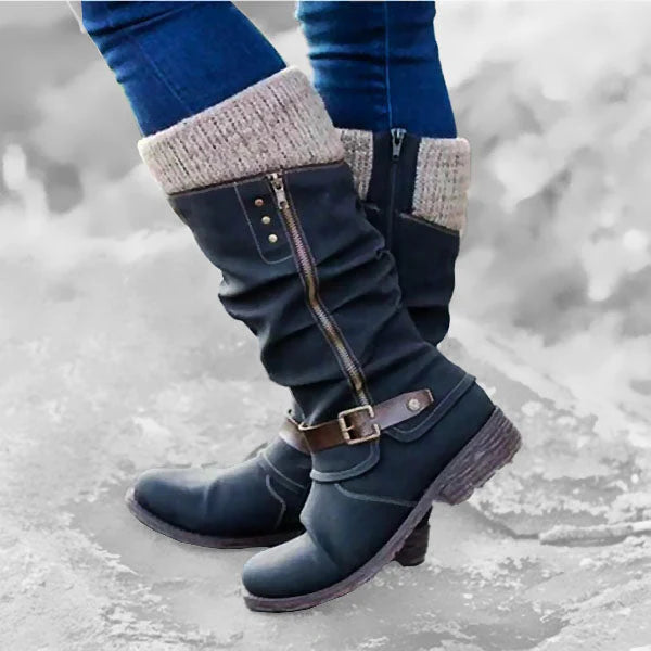 Women’s Leather Flat Heel Mid-Calf Zipper Boots
