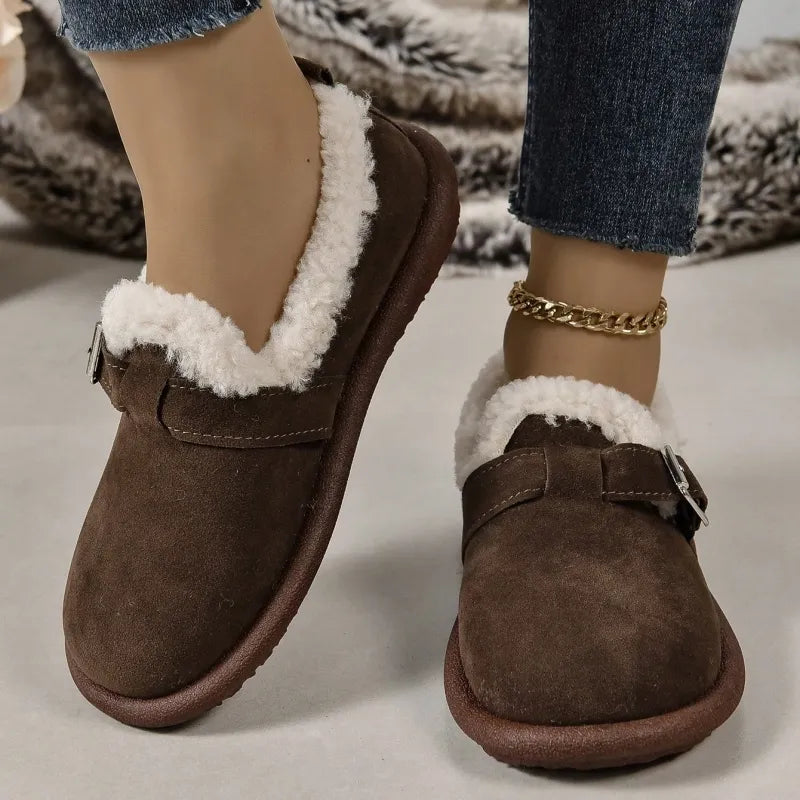 Women's Plush Lined Orthopedic Slip-On Shoes, Retro Buckle Strap Round Toe Flat Loafers