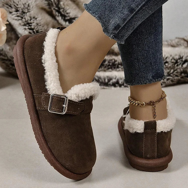 Women's Plush Lined Orthopedic Slip-On Shoes, Retro Buckle Strap Round Toe Flat Loafers