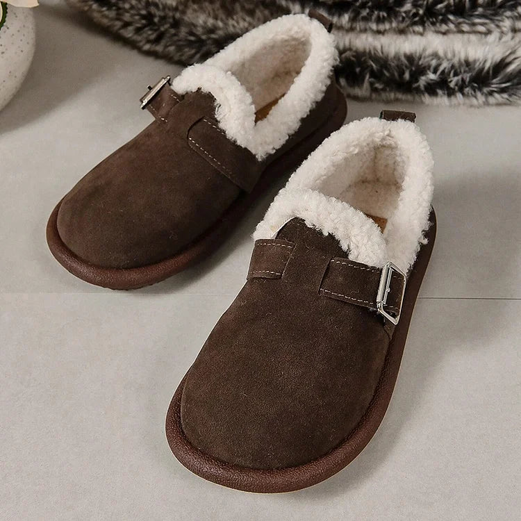 Women's Plush Lined Orthopedic Slip-On Shoes, Retro Buckle Strap Round Toe Flat Loafers