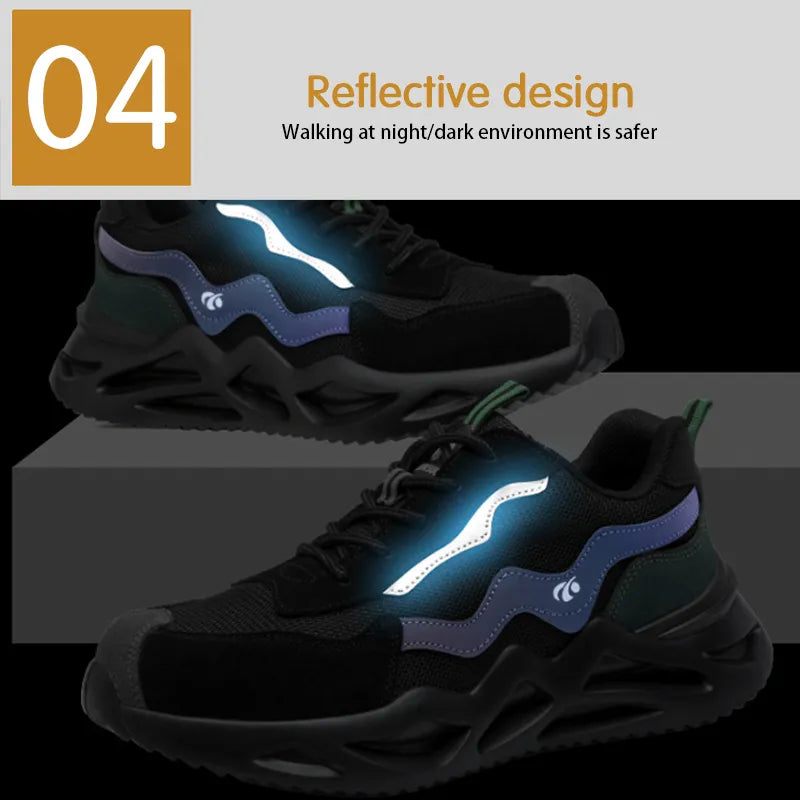 2023 New Reflective Design Steel Toe Safety Shoes, Breathable Puncture-Proof Protective Work Sneakers