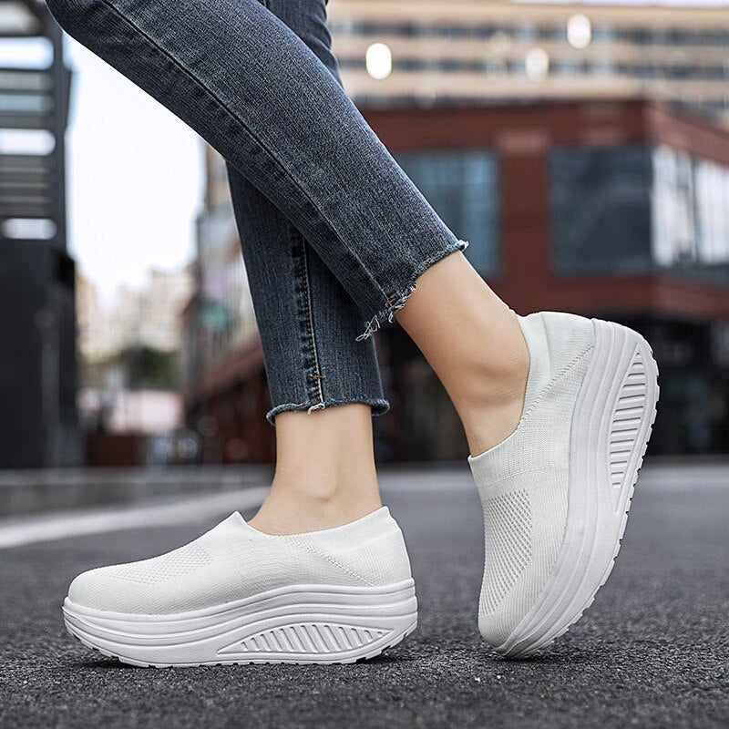 Premium Platform Mesh Sneakers, Low Top Solid Color Shock-resistant Orthopedic Slip-On Shoes