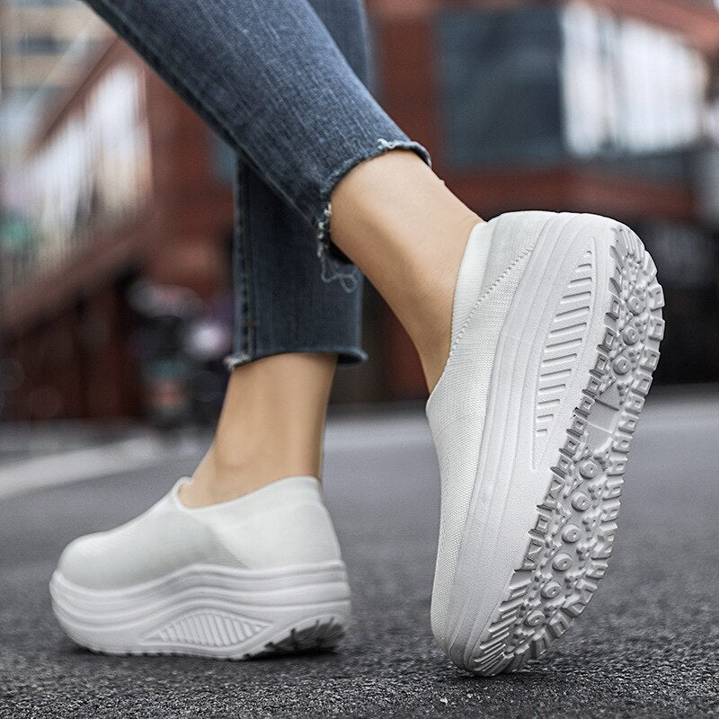 Premium Platform Mesh Sneakers, Low Top Solid Color Shock-resistant Orthopedic Slip-On Shoes