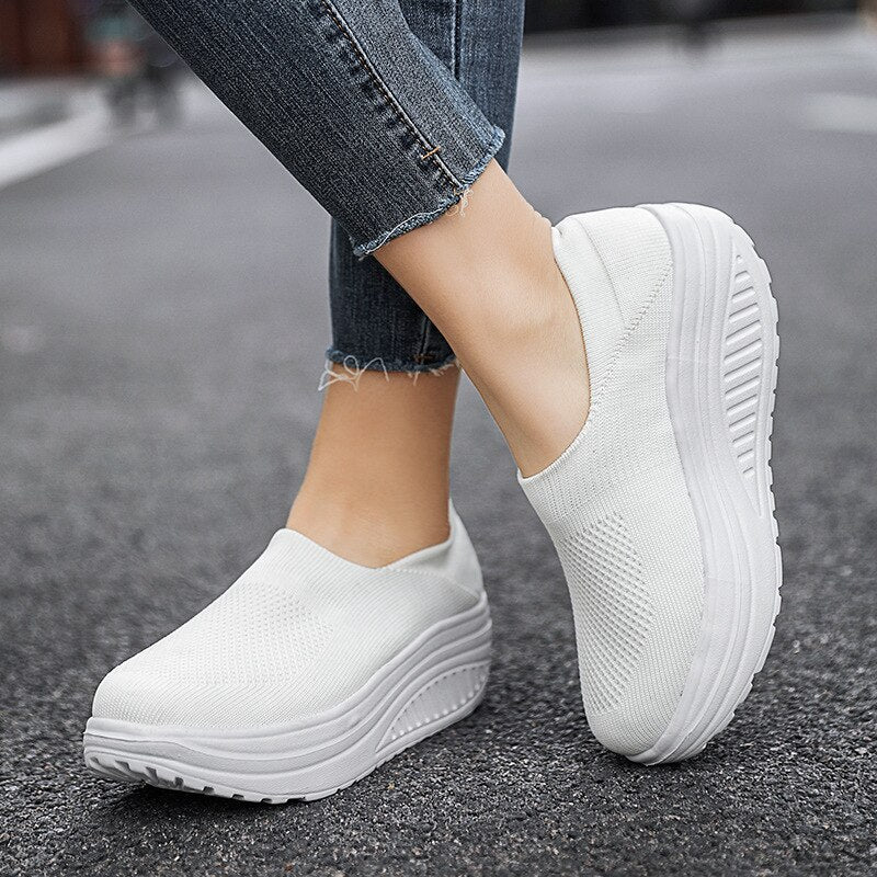 Premium Platform Mesh Sneakers, Low Top Solid Color Shock-resistant Orthopedic Slip-On Shoes