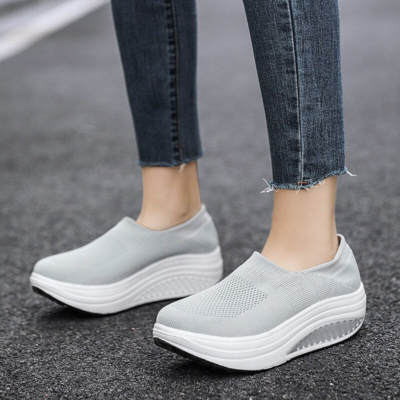 Premium Platform Mesh Sneakers, Low Top Solid Color Shock-resistant Orthopedic Slip-On Shoes