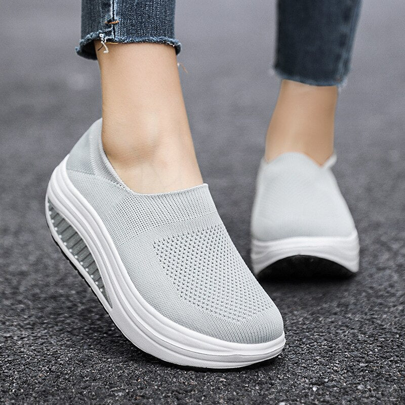 Premium Platform Mesh Sneakers, Low Top Solid Color Shock-resistant Orthopedic Slip-On Shoes