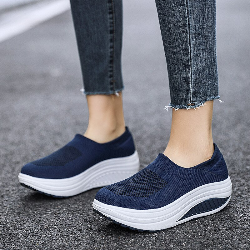 Premium Platform Mesh Sneakers, Low Top Solid Color Shock-resistant Orthopedic Slip-On Shoes