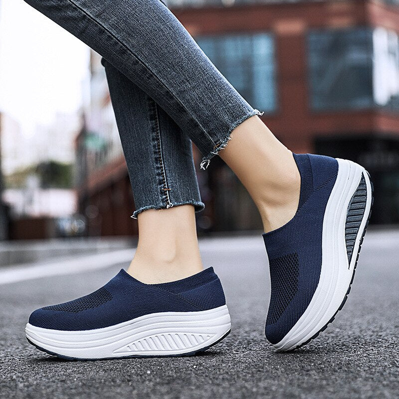 Premium Platform Mesh Sneakers, Low Top Solid Color Shock-resistant Orthopedic Slip-On Shoes