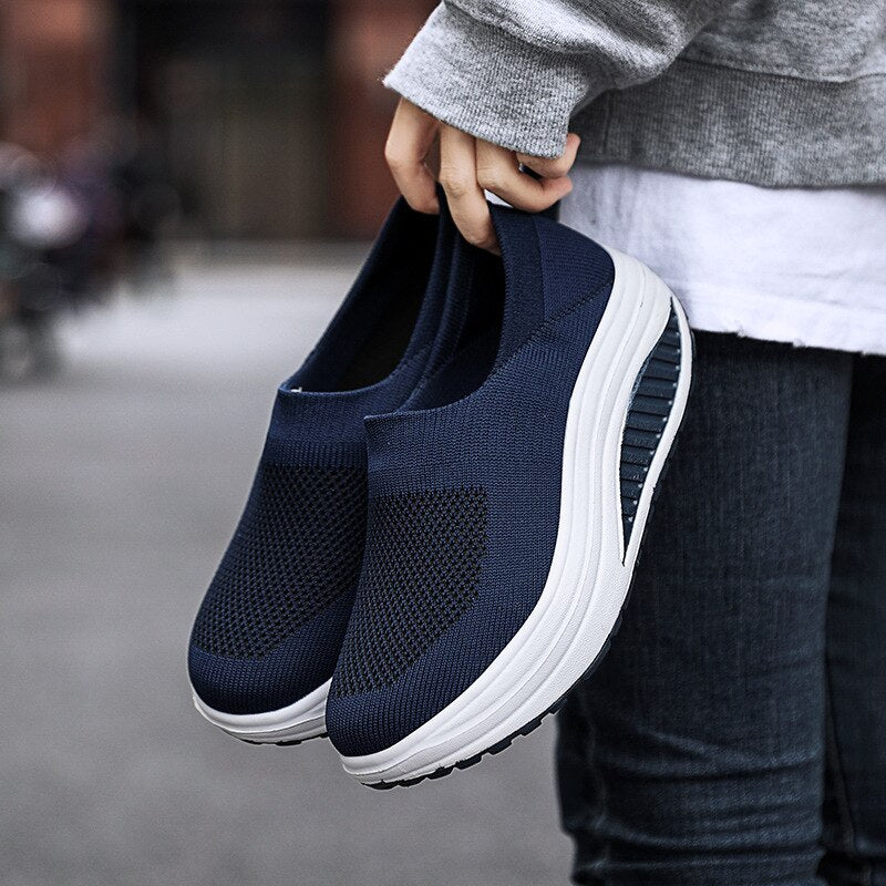 Premium Platform Mesh Sneakers, Low Top Solid Color Shock-resistant Orthopedic Slip-On Shoes