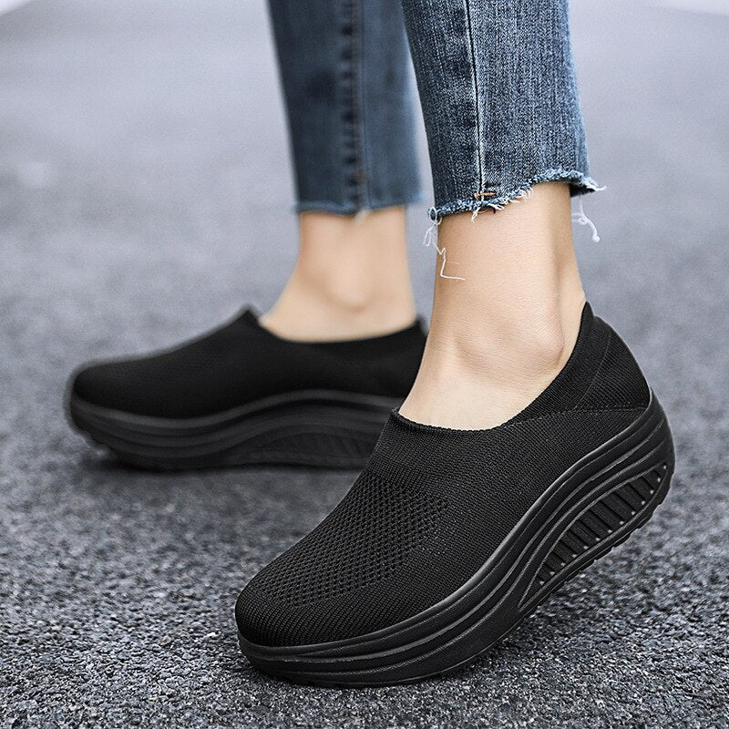 Premium Platform Mesh Sneakers, Low Top Solid Color Shock-resistant Orthopedic Slip-On Shoes