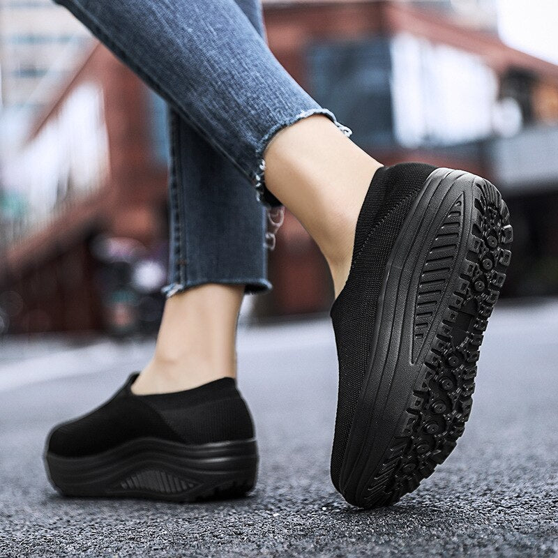 Premium Platform Mesh Sneakers, Low Top Solid Color Shock-resistant Orthopedic Slip-On Shoes