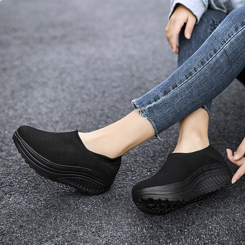 Premium Platform Mesh Sneakers, Low Top Solid Color Shock-resistant Orthopedic Slip-On Shoes