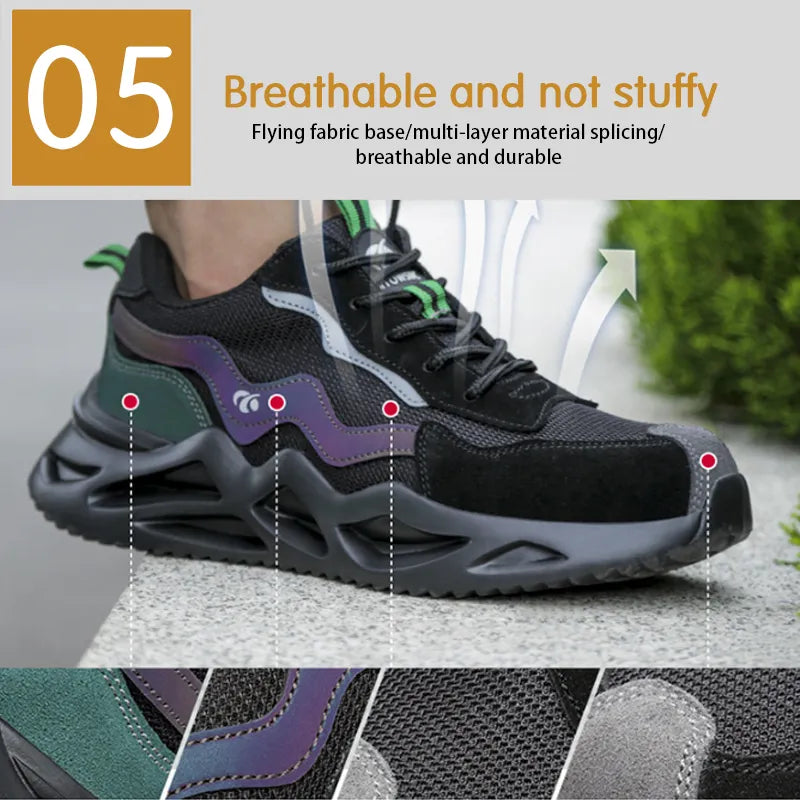 2023 New Reflective Design Steel Toe Safety Shoes, Breathable Puncture-Proof Protective Work Sneakers