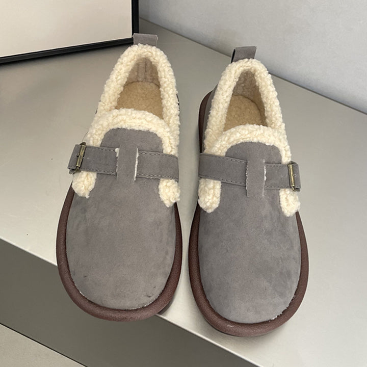 Women's Plush Lined Orthopedic Slip-On Shoes, Retro Buckle Strap Round Toe Flat Loafers