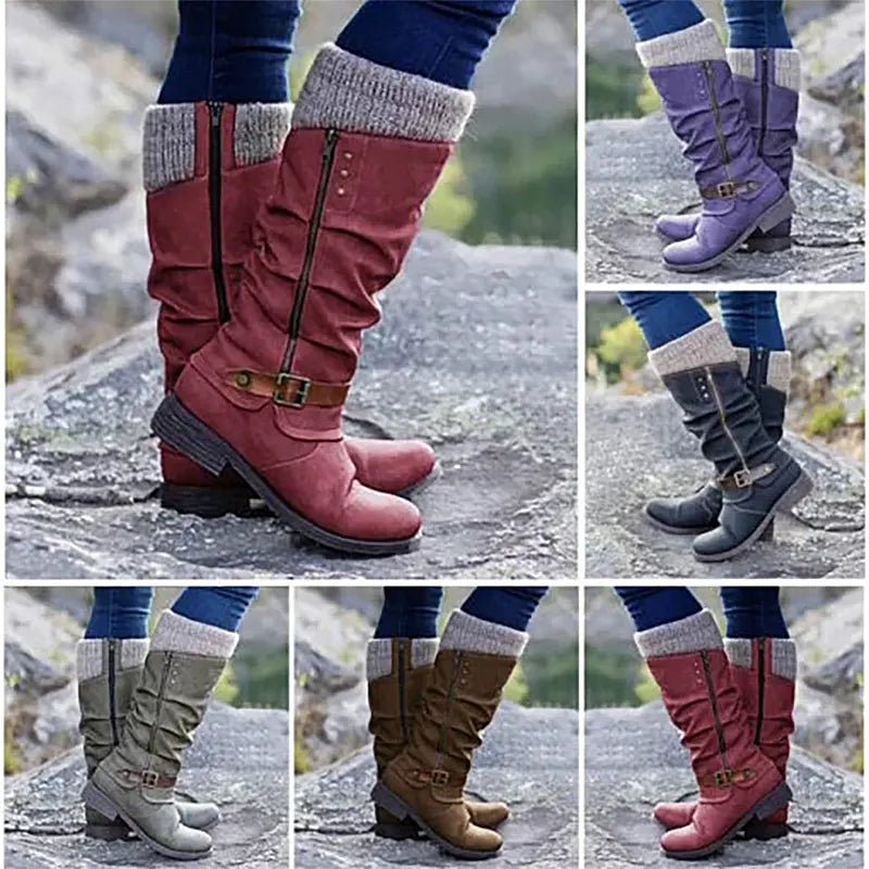 Women’s Leather Flat Heel Mid-Calf Zipper Boots