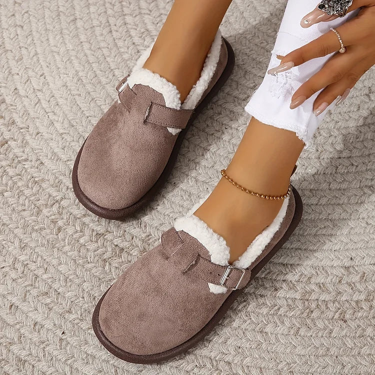 Women's Plush Lined Orthopedic Slip-On Shoes, Retro Buckle Strap Round Toe Flat Loafers