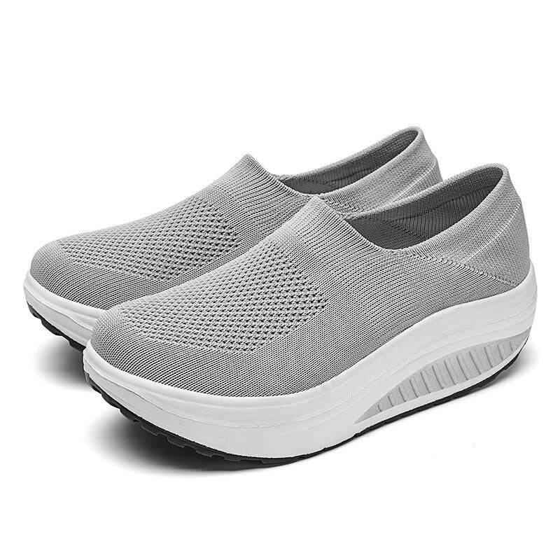 Premium Platform Mesh Sneakers, Low Top Solid Color Shock-resistant Orthopedic Slip-On Shoes