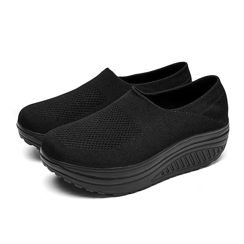 Premium Platform Mesh Sneakers, Low Top Solid Color Shock-resistant Orthopedic Slip-On Shoes