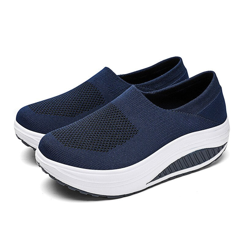 Premium Platform Mesh Sneakers, Low Top Solid Color Shock-resistant Orthopedic Slip-On Shoes