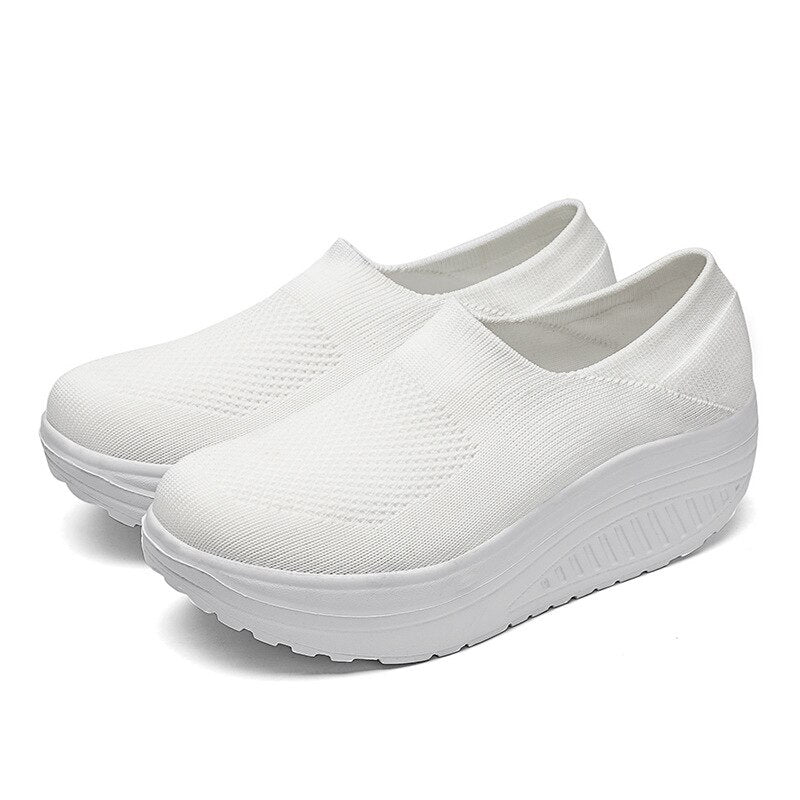 Premium Platform Mesh Sneakers, Low Top Solid Color Shock-resistant Orthopedic Slip-On Shoes
