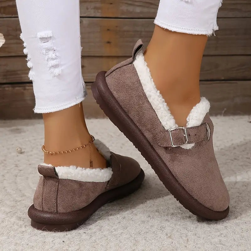 Women's Plush Lined Orthopedic Slip-On Shoes, Retro Buckle Strap Round Toe Flat Loafers