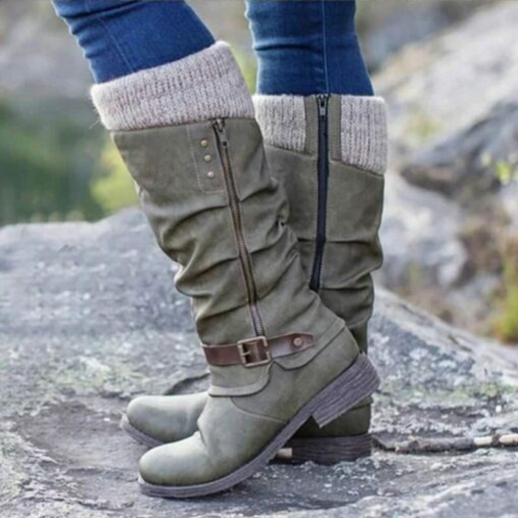 đ„LAST DAY -ă40% OFFăWomenâs Leather Flat Heel Mid-Calf Zipper Boots