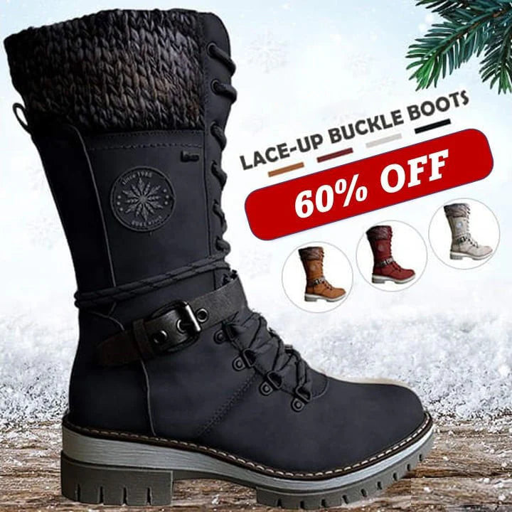 🎁Winter Sale 60% OFF - Only This Week❄️ WOMEN BUCKLE LACE KNITTED MID-CALF BOOTS