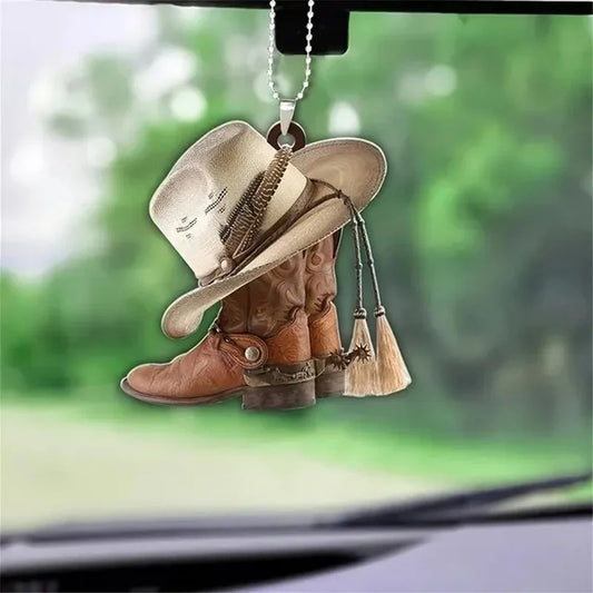 Acrylic Cowboy Boots Hat 2D Flat Hanging Car