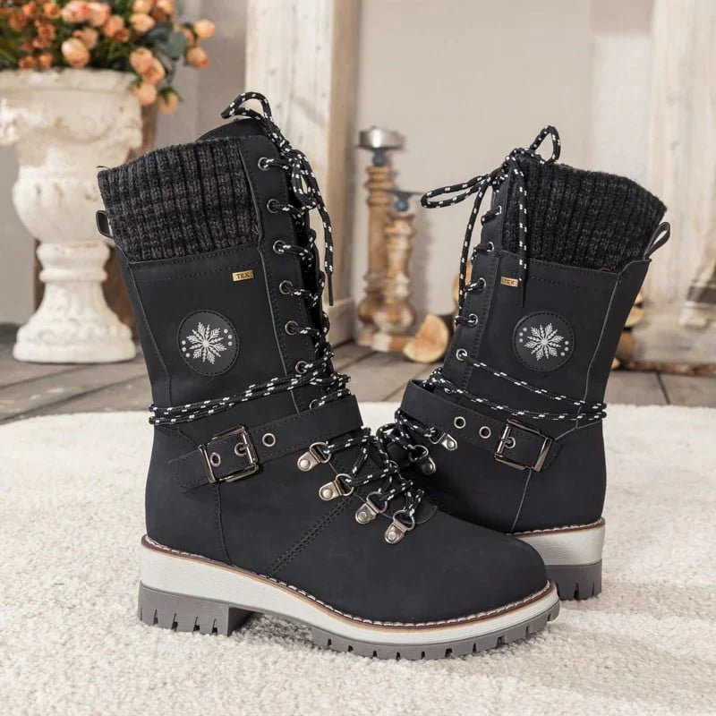 🎁Winter Sale 60% OFF - Only This Week❄️ WOMEN BUCKLE LACE KNITTED MID-CALF BOOTS