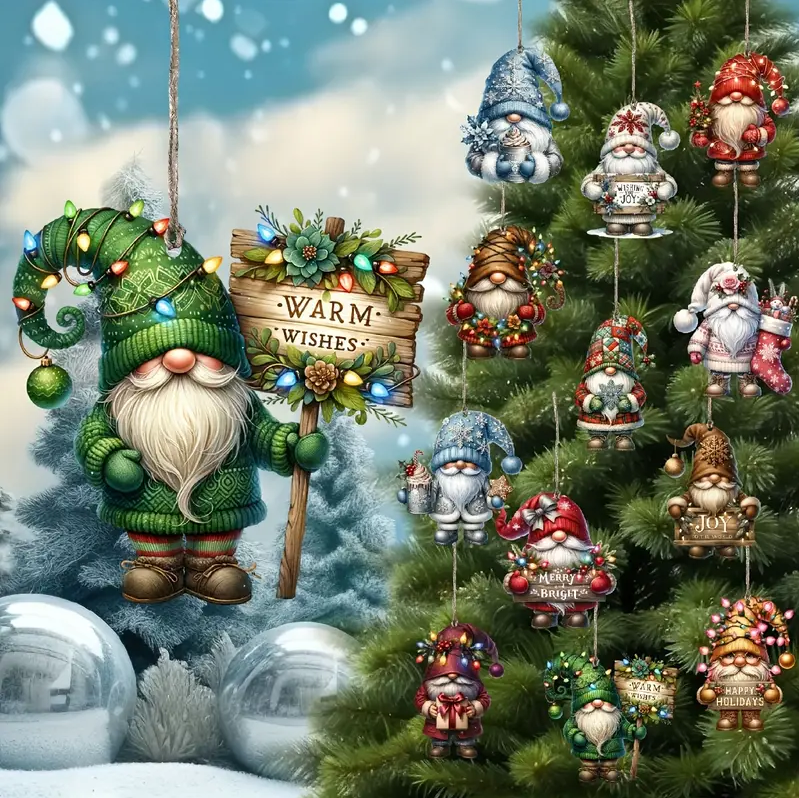 Wooden Dwarf Christmas Tree Ornaments Set (12pcs)