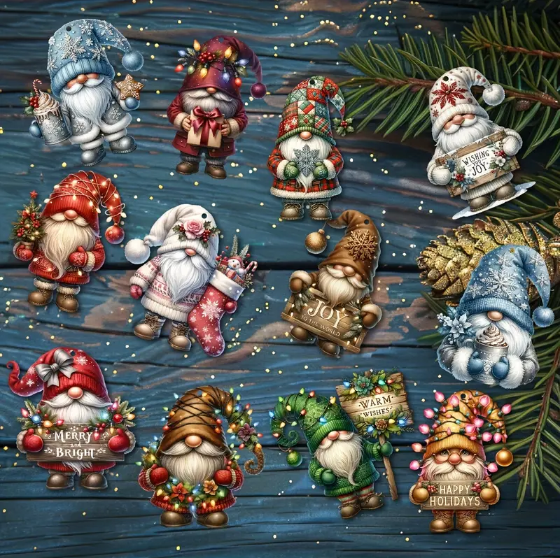 Wooden Dwarf Christmas Tree Ornaments Set (12pcs)