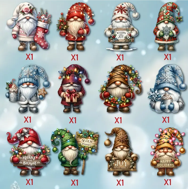 Wooden Dwarf Christmas Tree Ornaments Set (12pcs)