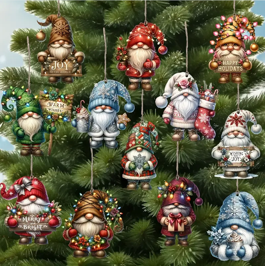 Wooden Dwarf Christmas Tree Ornaments Set (12pcs)